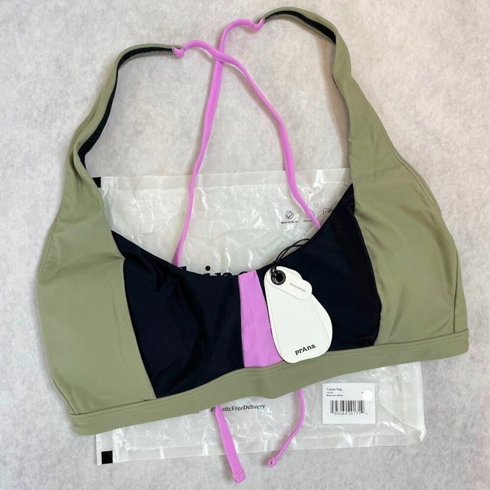 prAna Bikini Top Womens XL Black Color Block Racerback Sporty Beachwear NEW!